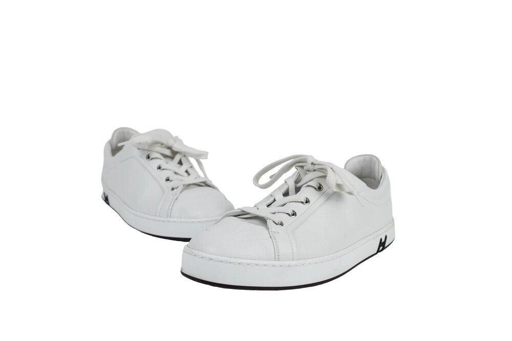 Hermes White Black Kid Leather Lace Up Low Sneakers Size 40